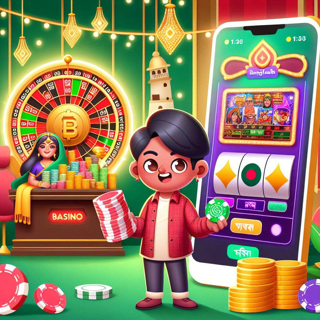 888Taka casino cartoon character with chips, cards, and a slot machine